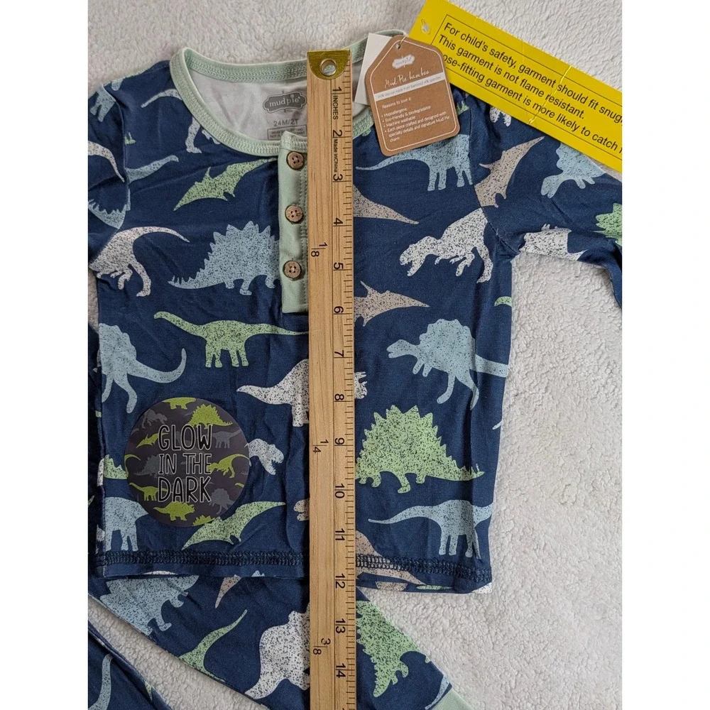Mud Pie Toddler Boys Glow in the Dark Dinosaur Bamboo Henley Pajama Set 24M/2T